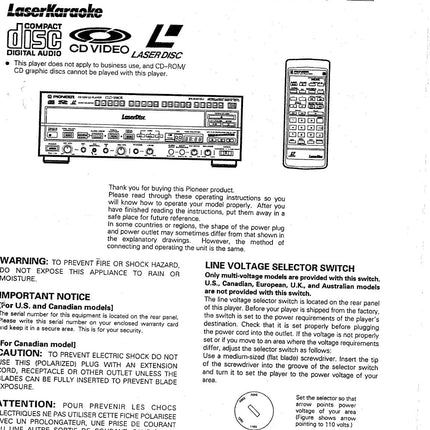 PIONEER CLD-1580K Laser Disc Player Owners Instruction Manual