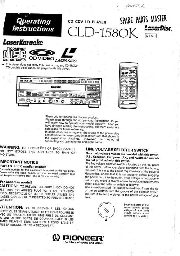 PIONEER CLD-1580K Laser Disc Player Owners Instruction Manual