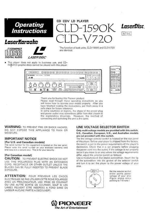 PIONEER CLD-1590K Laser Disc Player Owners Instruction Manual