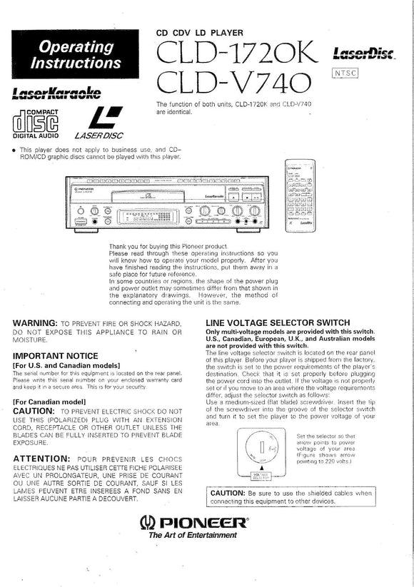 PIONEER CLD-1720K Laser Disc Player Owners Instruction Manual