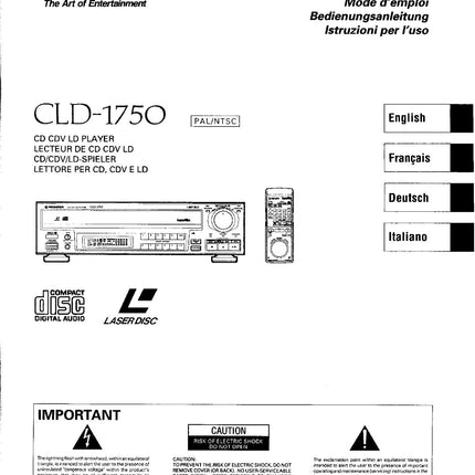 PIONEER CLD-1750 Laser Disc Player Owners Instruction Manual