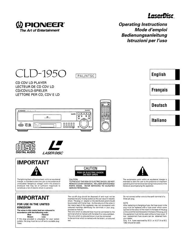 PIONEER CLD-1950 Laser Disc Player Owners Instruction Manual