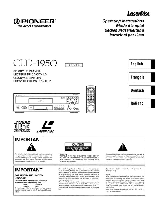 PIONEER CLD-1950 Laser Disc Player Owners Instruction Manual