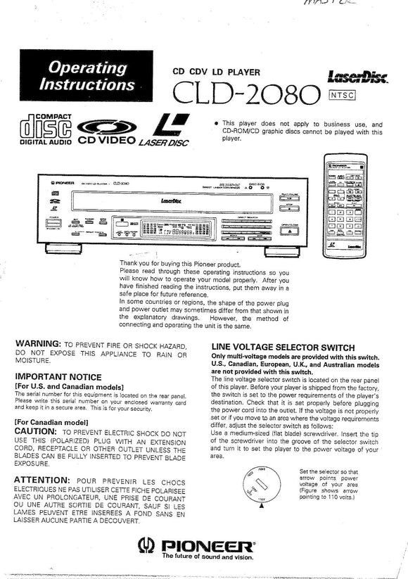 PIONEER CLD-2080 Laser Disc Player Owners Instruction Manual