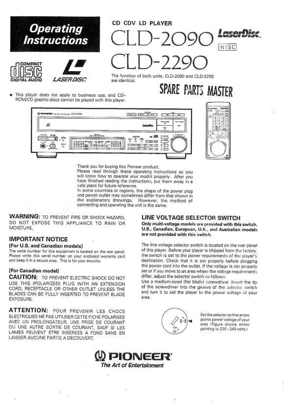 PIONEER CLD-2090 Laser Disc Player Owners Instruction Manual