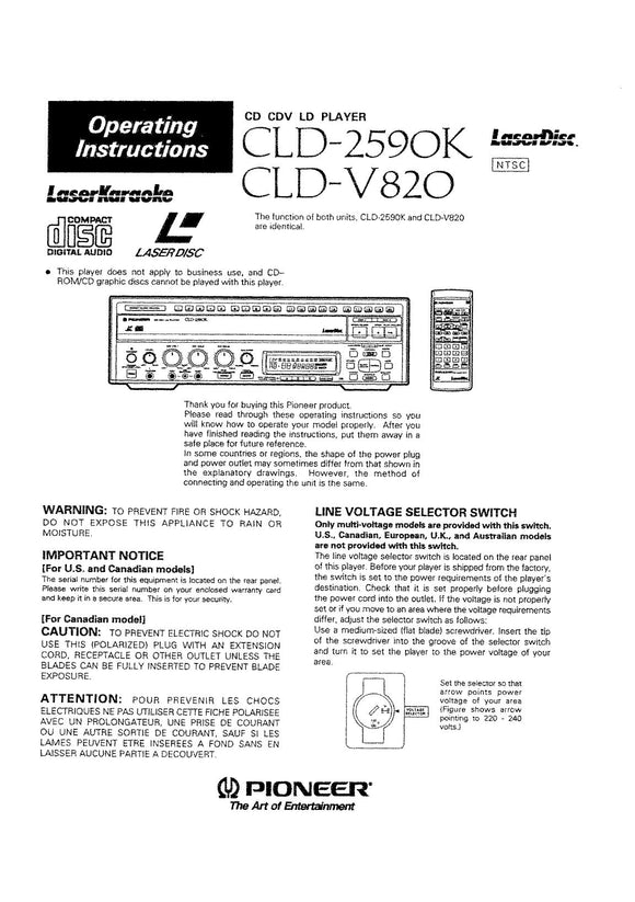 PIONEER CLD-2590K Laser Disc Player Owners Instruction Manual