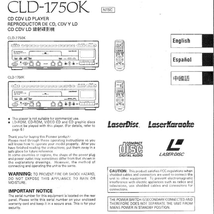 PIONEER CLD-2750K Laser Disc Player Owners Instruction Manual