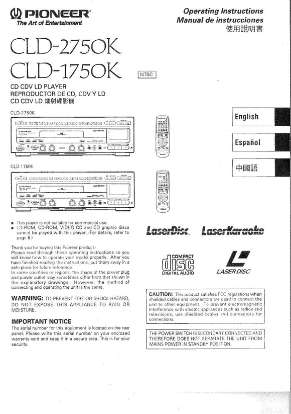 PIONEER CLD-2750K Laser Disc Player Owners Instruction Manual