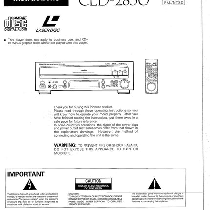 PIONEER CLD-2850 Laser Disc Player Owners Instruction Manual