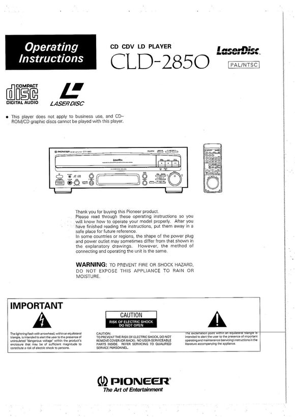 PIONEER CLD-2850 Laser Disc Player Owners Instruction Manual