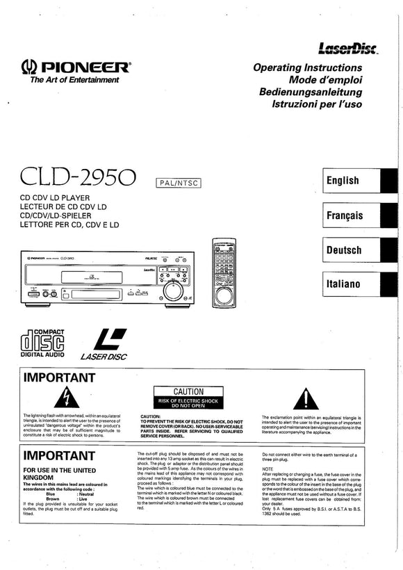 PIONEER CLD-2950 Laser Disc Player Owners Instruction Manual