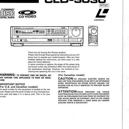PIONEER CLD-3030 Laser Disc Player Owners Instruction Manual