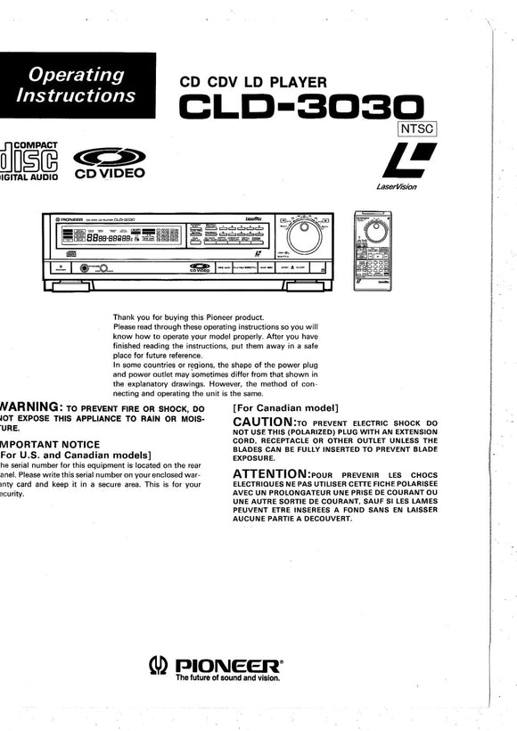 PIONEER CLD-3030 Laser Disc Player Owners Instruction Manual