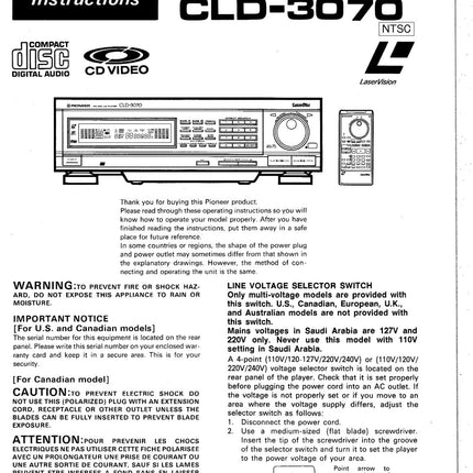 PIONEER CLD-3070 Laser Disc Player Owners Instruction Manual