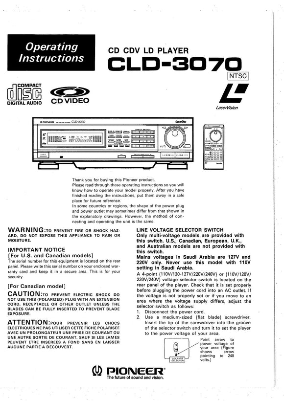 PIONEER CLD-3070 Laser Disc Player Owners Instruction Manual