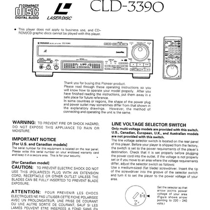 PIONEER CLD-3390 Laser Disc Player Owners Instruction Manual