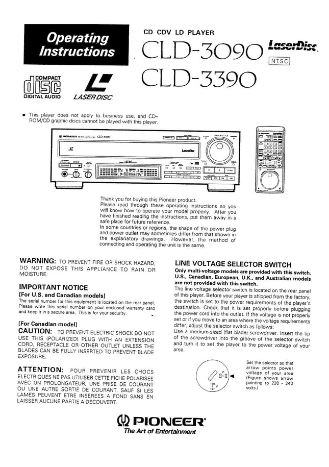 PIONEER CLD-3390 Laser Disc Player Owners Instruction Manual