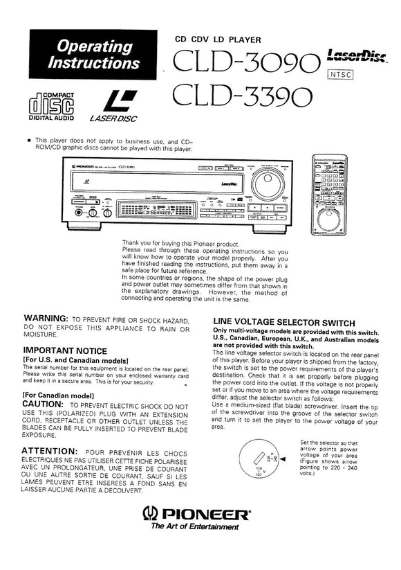 PIONEER CLD-3390 Laser Disc Player Owners Instruction Manual