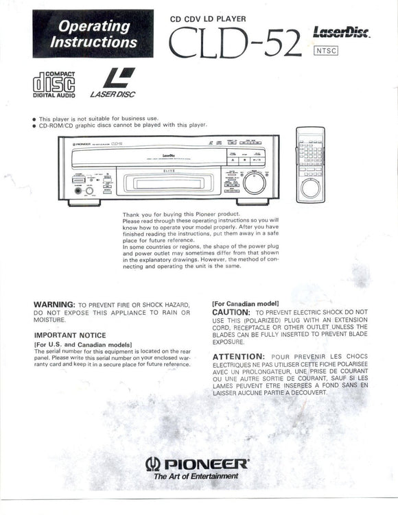 PIONEER CLD-52 Laser Disc Player Owners Instruction Manual