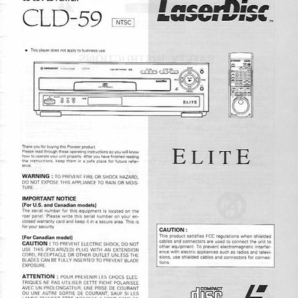 PIONEER CLD-59 Laser Disc Player Owners Instruction Manual