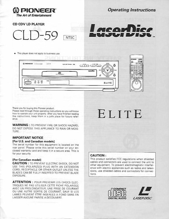 PIONEER CLD-59 Laser Disc Player Owners Instruction Manual