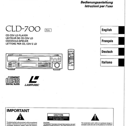 PIONEER CLD-700 Laser Disc Player Owners Instruction Manual
