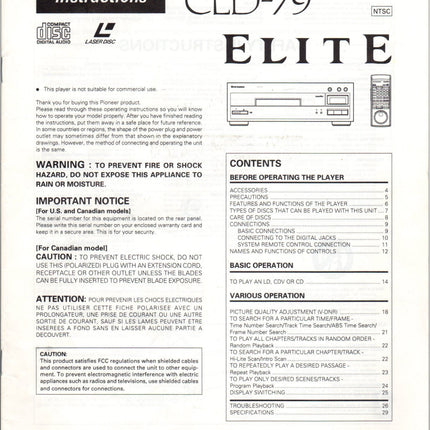 PIONEER CLD-79 Laser Disc Player Owners Instruction Manual