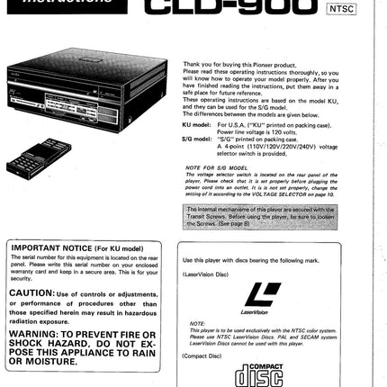 PIONEER CLD-900 Laser Disc Player Owners Instruction Manual