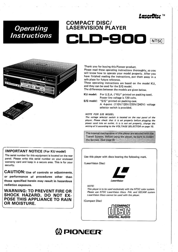 PIONEER CLD-900 Laser Disc Player Owners Instruction Manual