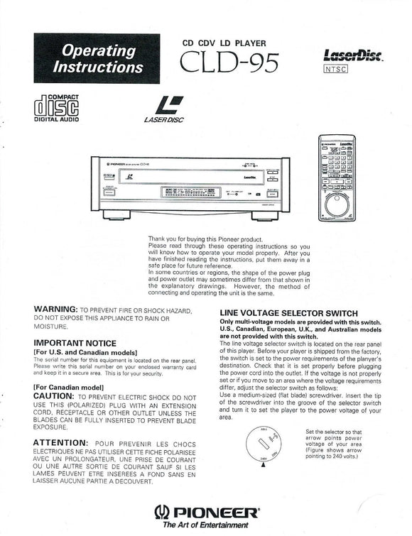 PIONEER CLD-95 Laser Disc Player Owners Instruction Manual