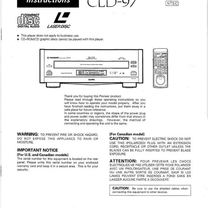 PIONEER CLD-97 Laser Disc Player Owners Instruction Manual