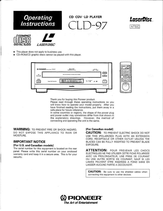 PIONEER CLD-97 Laser Disc Player Owners Instruction Manual