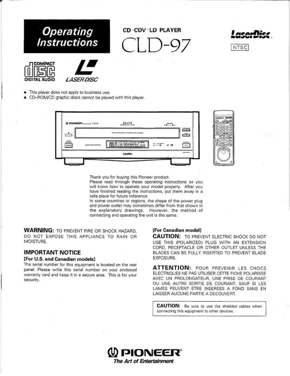 PIONEER CLD-97 Laser Disc Player Owners Instruction Manual