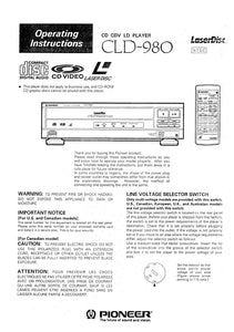 PIONEER CLD-980 Laser Disc Player Owners Instruction Manual