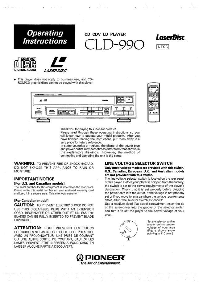 PIONEER CLD-990 Laser Disc Player Owners Instruction Manual
