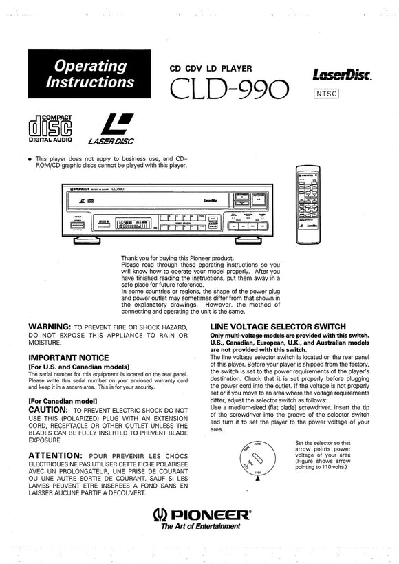 PIONEER CLD-990 Laser Disc Player Owners Instruction Manual