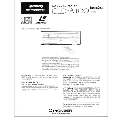 PIONEER CLD-A100 Laser Disc Player Owners Instruction Manual