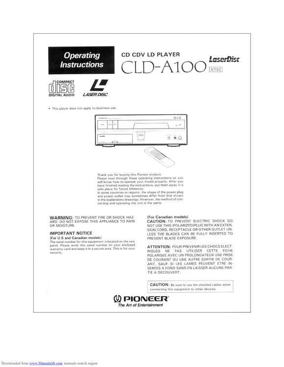 PIONEER CLD-A100 Laser Disc Player Owners Instruction Manual