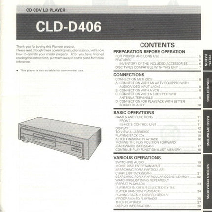 PIONEER CLD-D406 Laser Disc Player Owners Instruction Manual