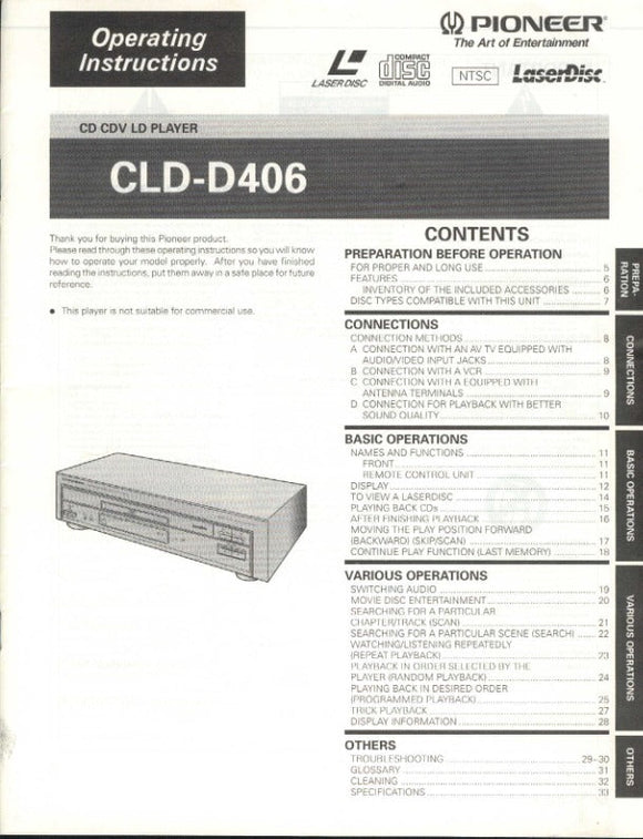 PIONEER CLD-D406 Laser Disc Player Owners Instruction Manual