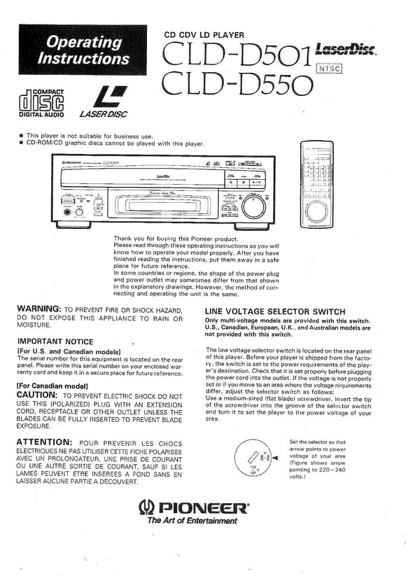 PIONEER CLD-D501 Laser Disc Player Owners Instruction Manual