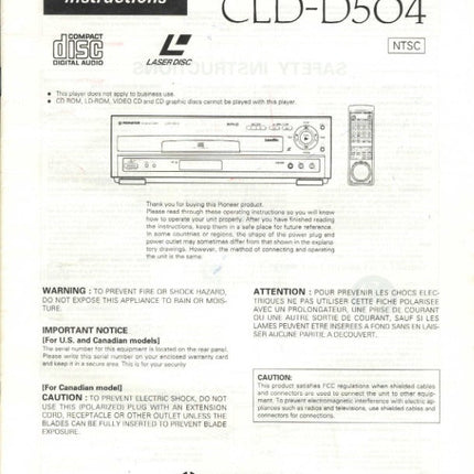 PIONEER CLD-D504 Laser Disc Player Owners Instruction Manual