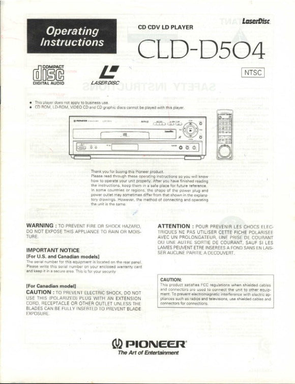 PIONEER CLD-D504 Laser Disc Player Owners Instruction Manual