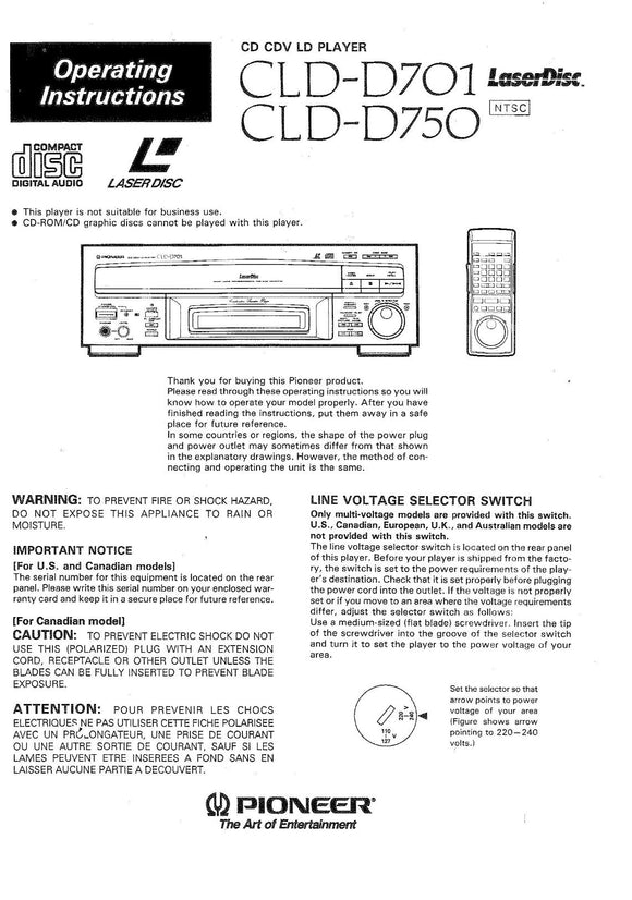 PIONEER CLD-D701 Laser Disc Player Owners Instruction Manual