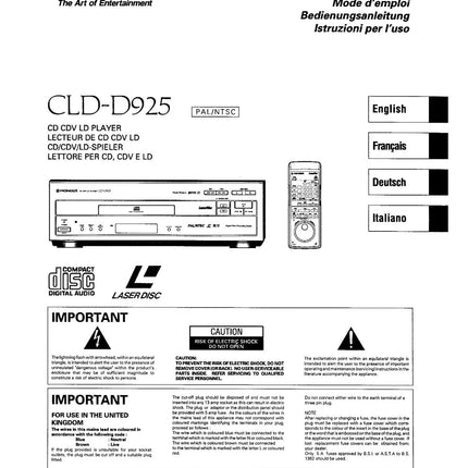 PIONEER CLD-D925 Laser Disc Player Owners Instruction Manual