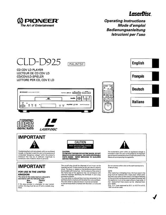 PIONEER CLD-D925 Laser Disc Player Owners Instruction Manual