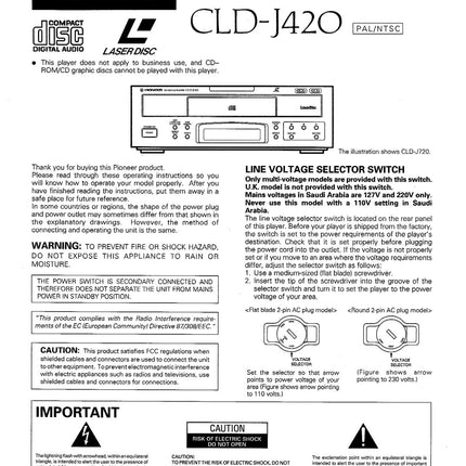 PIONEER CLD-J420 Laser Disc Player Owners Instruction Manual