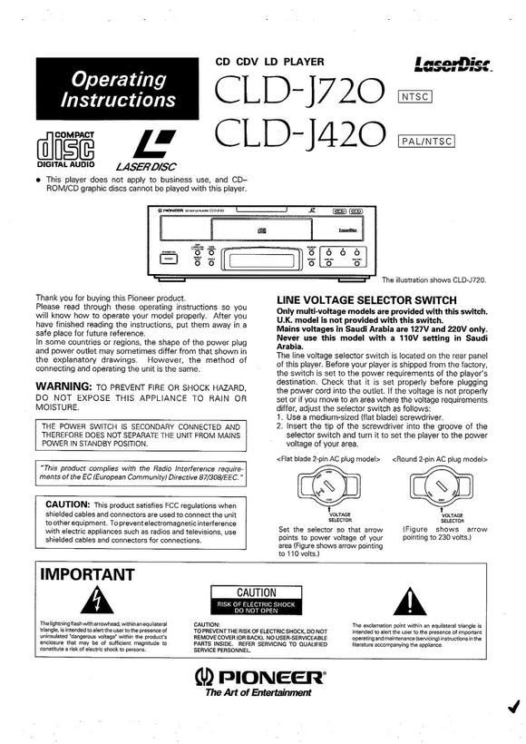 PIONEER CLD-J420 Laser Disc Player Owners Instruction Manual