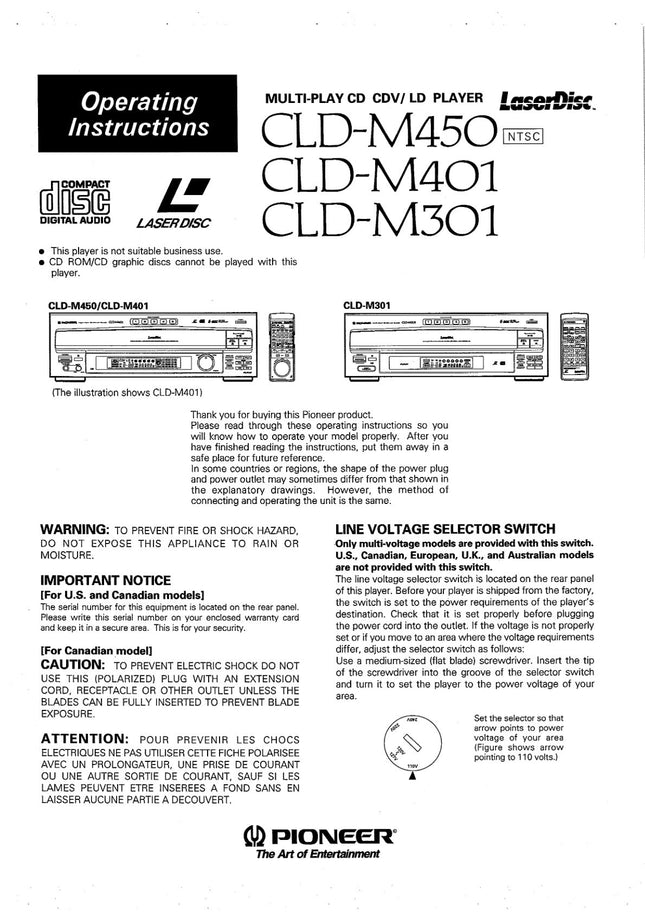 PIONEER CLD-M301 Laser Disc Player Owners Instruction Manual