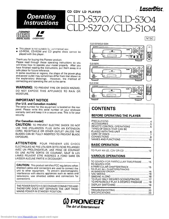 PIONEER CLD-S104 Laser Disc Player Owners Instruction Manual